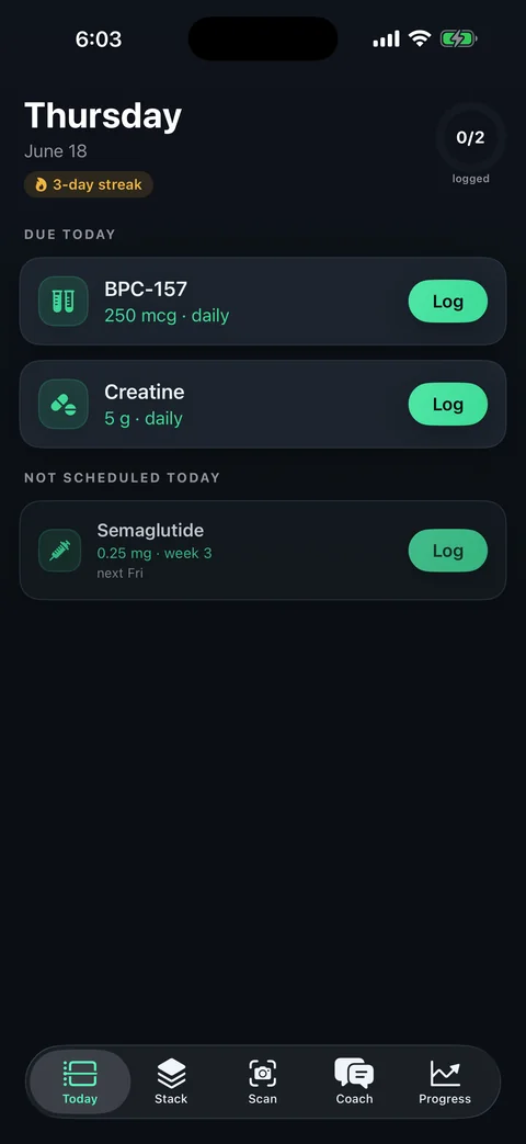 StackDose daily tracking screen
